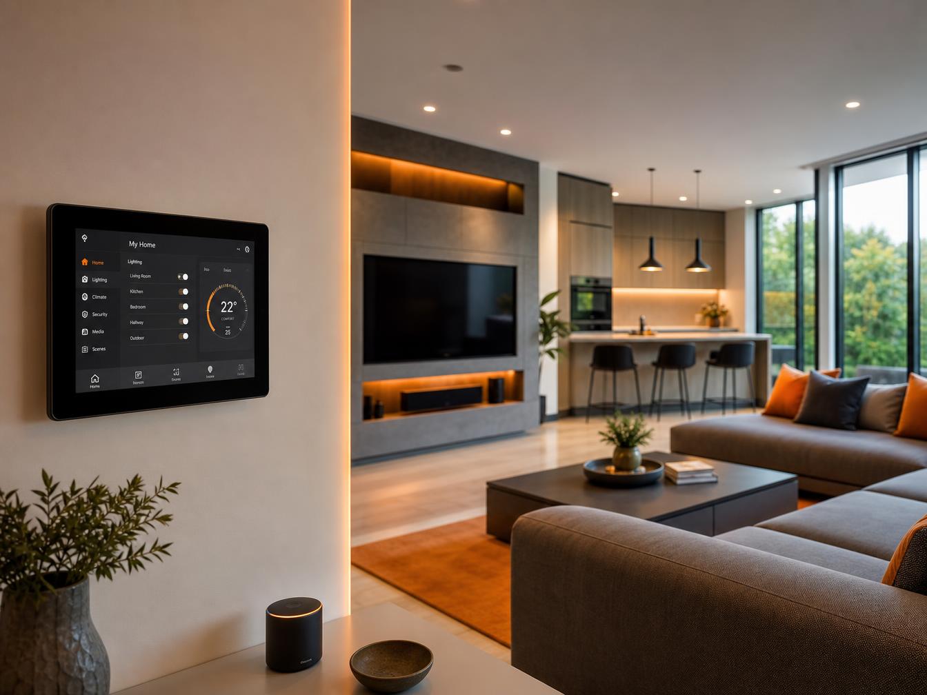 Intérieur contemporain avec tableau de contrôle domotique et éclairage connecté