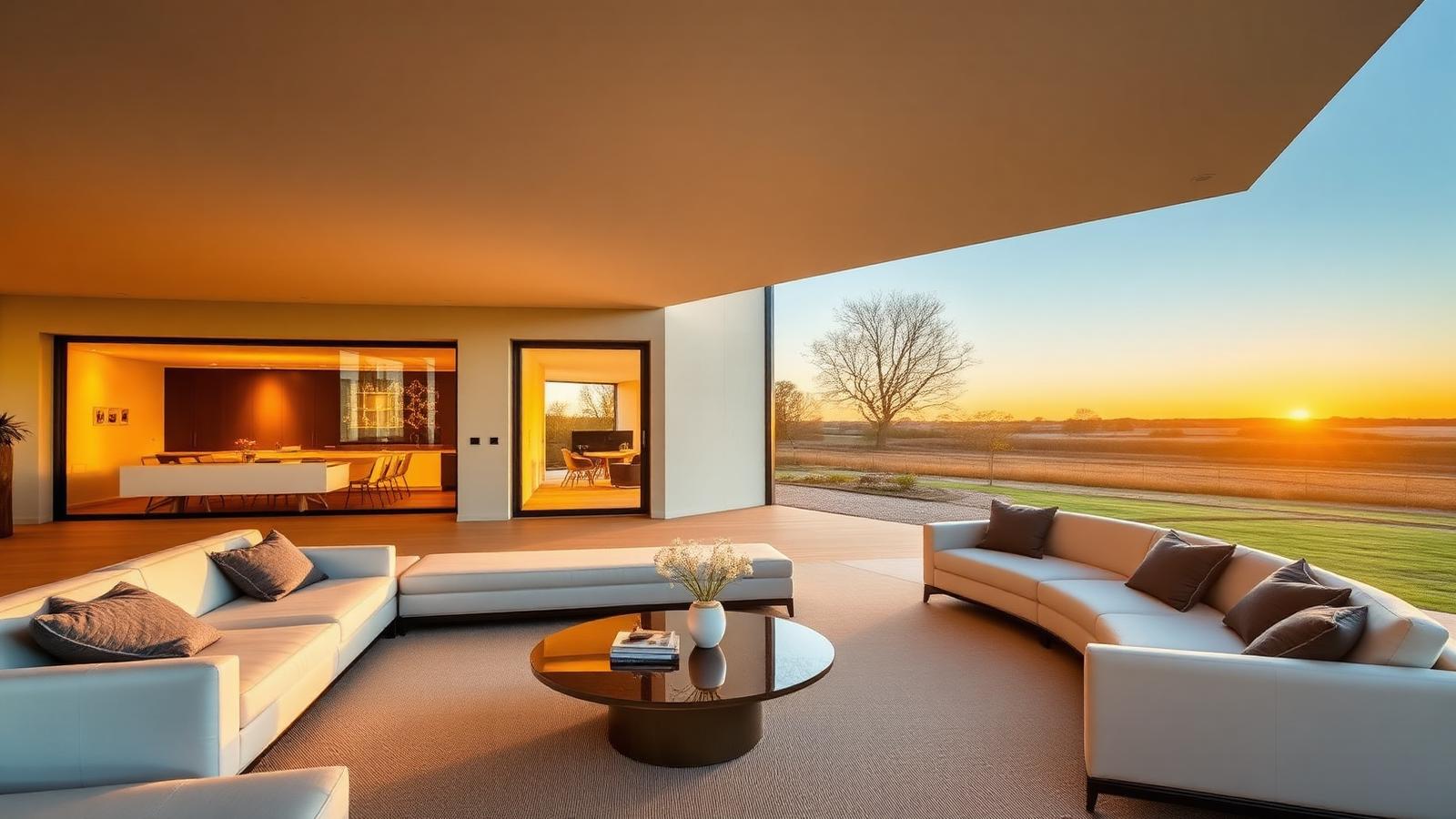 Intérieur d'une maison contemporaine équipée en domotique au coucher du soleil