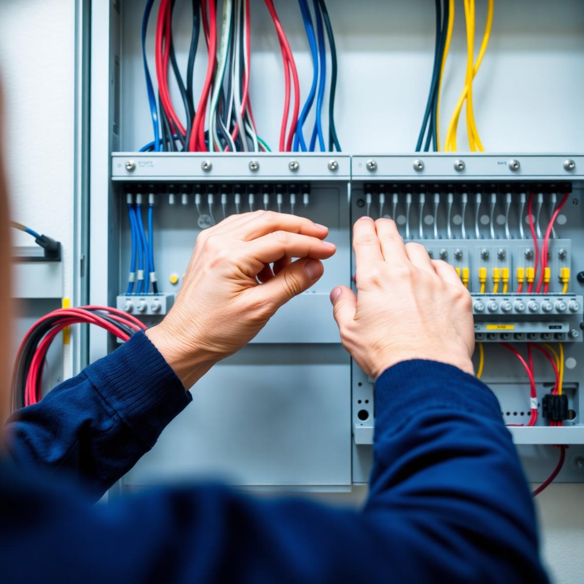 Électricien intervenant sur un tableau électrique dans le Calvados