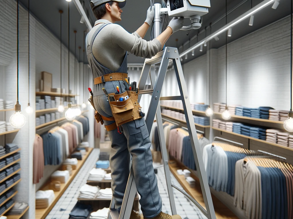 DALL·E 2024-01-17 09.45.06 – Create a highly realistic image of a worker, depicted as an authentic electrician, installing a surveillance camera high up in a clothing store. The e DALL·E 2024-01-17 09.45.06 - Create a highly realistic image of a worker, depicted as an authentic electrician, installing a surveillance camera high up in a clothing store. The e